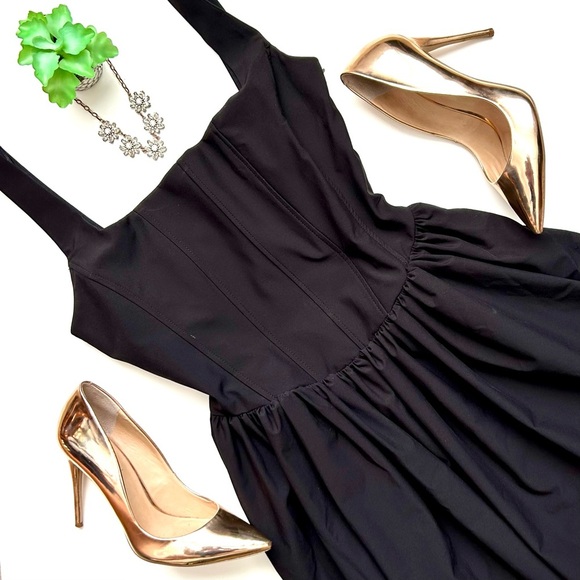 Zara Ruched Corset Dress Black Square Neck V-Waist Size L - Picture 2 of 15